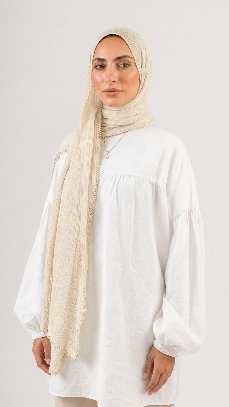 Hijabii Aura Crinkle Hijab in Warm Ivory – view 2