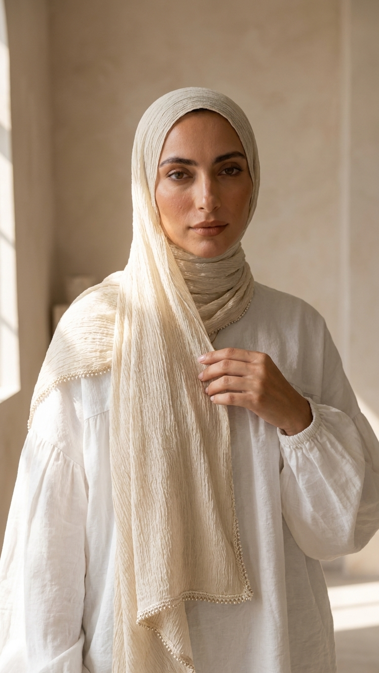 Hijabii Aura Crinkle Hijab in Warm Ivory – view 3