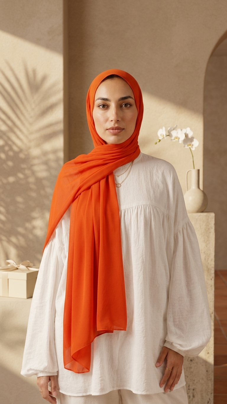 Hijabii Red Orange plain chiffon hijab – view 3