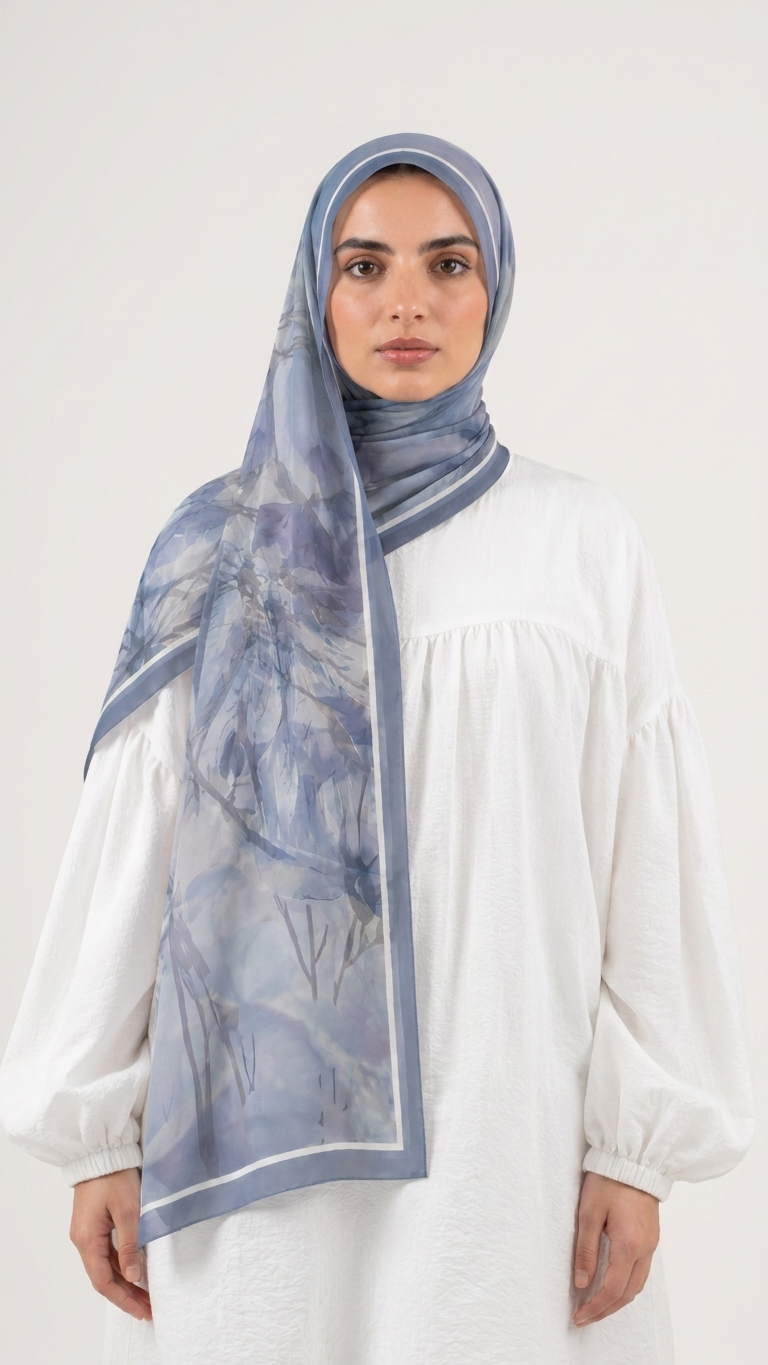 Hijabii Printed Chiffon Hijab J1 Blue Botanical
