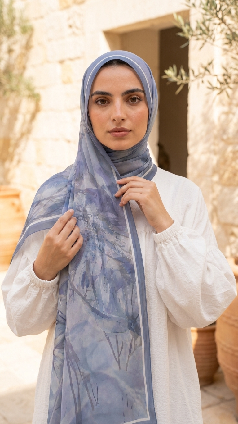 Hijabii Printed Chiffon Hijab J1 Blue Botanical – view 2