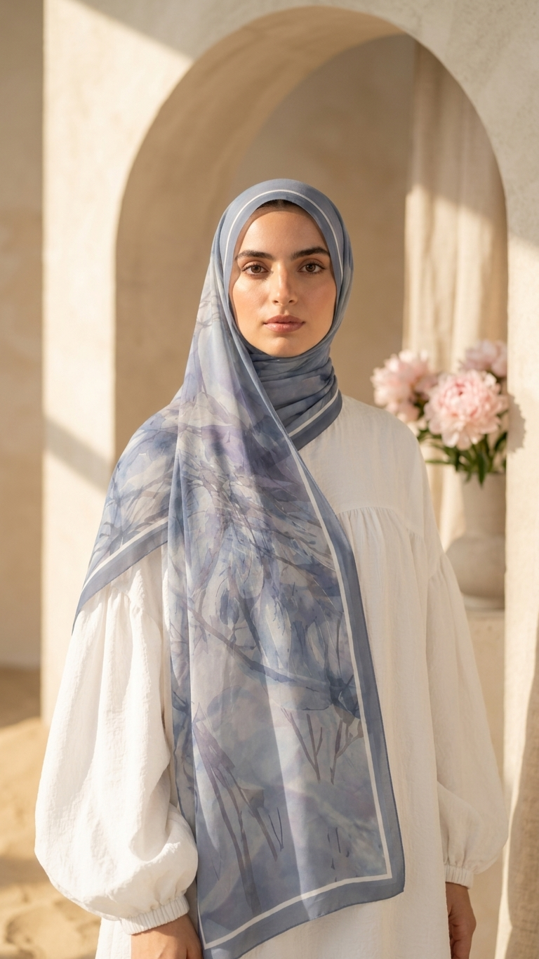 Hijabii Printed Chiffon Hijab J1 Blue Botanical – view 3