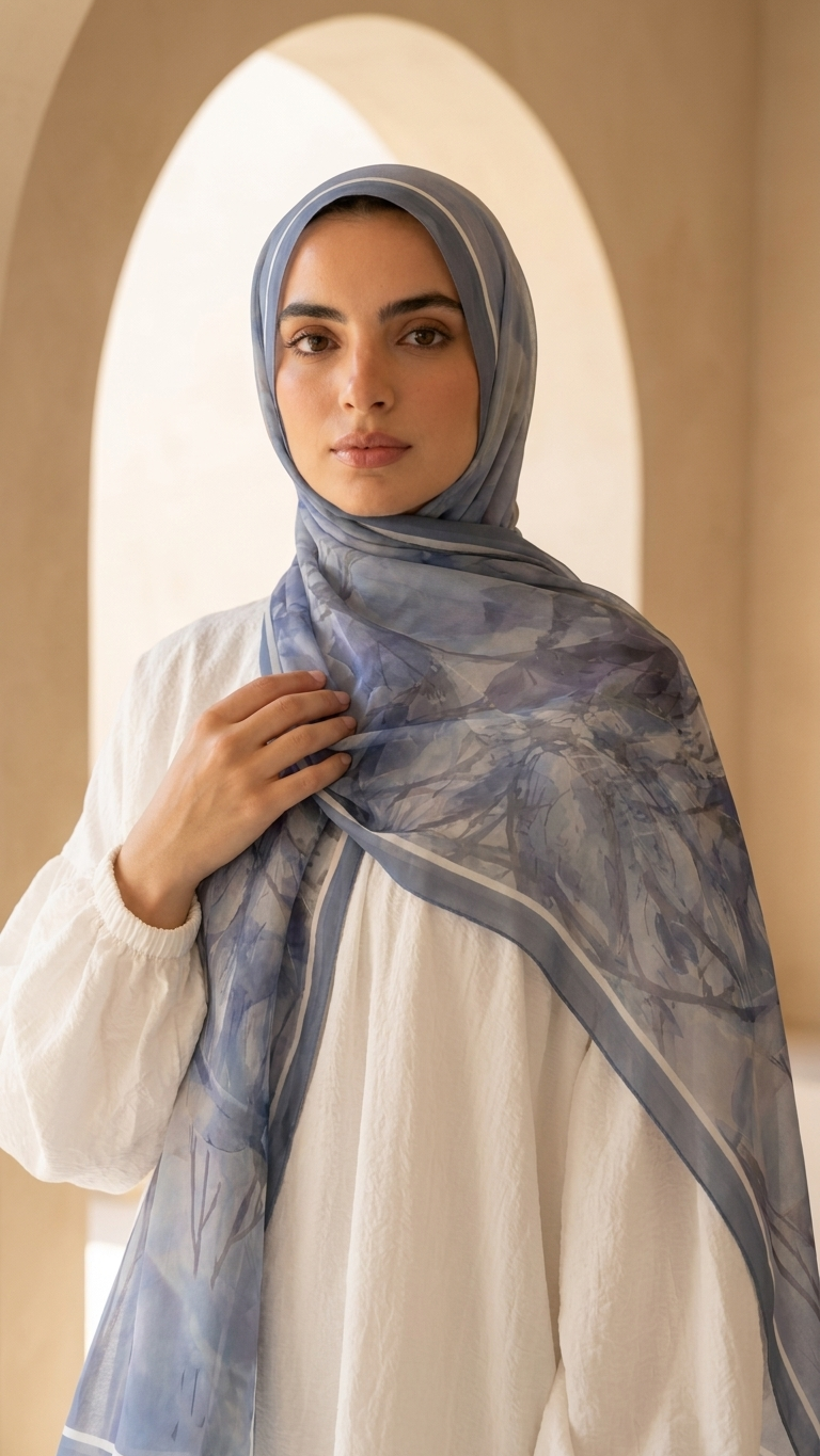 Hijabii Printed Chiffon Hijab J1 Blue Botanical – view 5