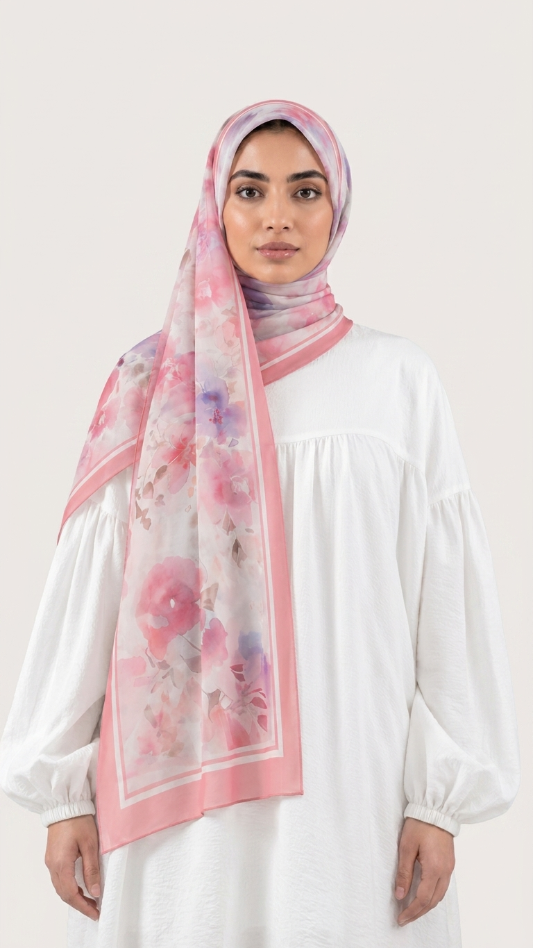 Hijabii Printed Chiffon Hijab J3 Blush Watercolour Floral