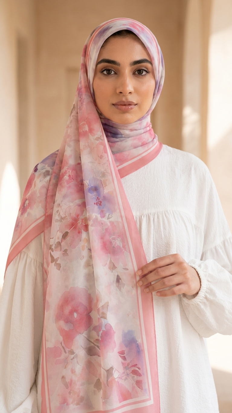 Hijabii Printed Chiffon Hijab J3 Blush Watercolour Floral – view 2