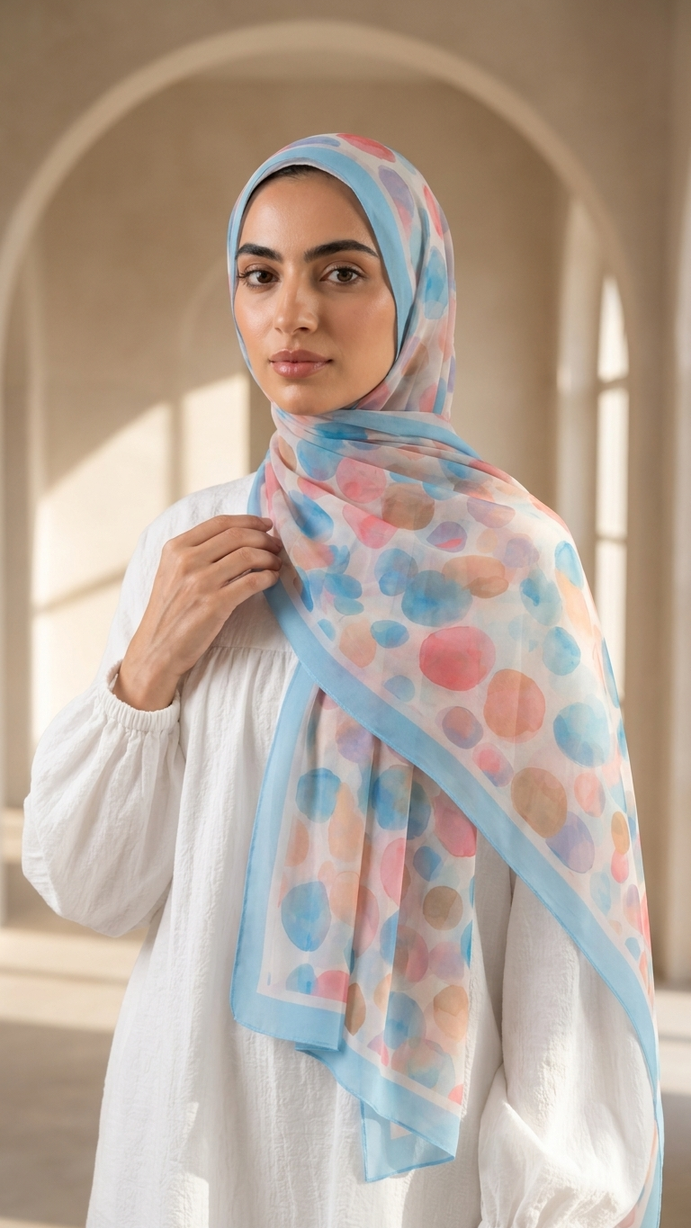 Hijabii Printed Chiffon Hijab J5 Aqua Coral Dots