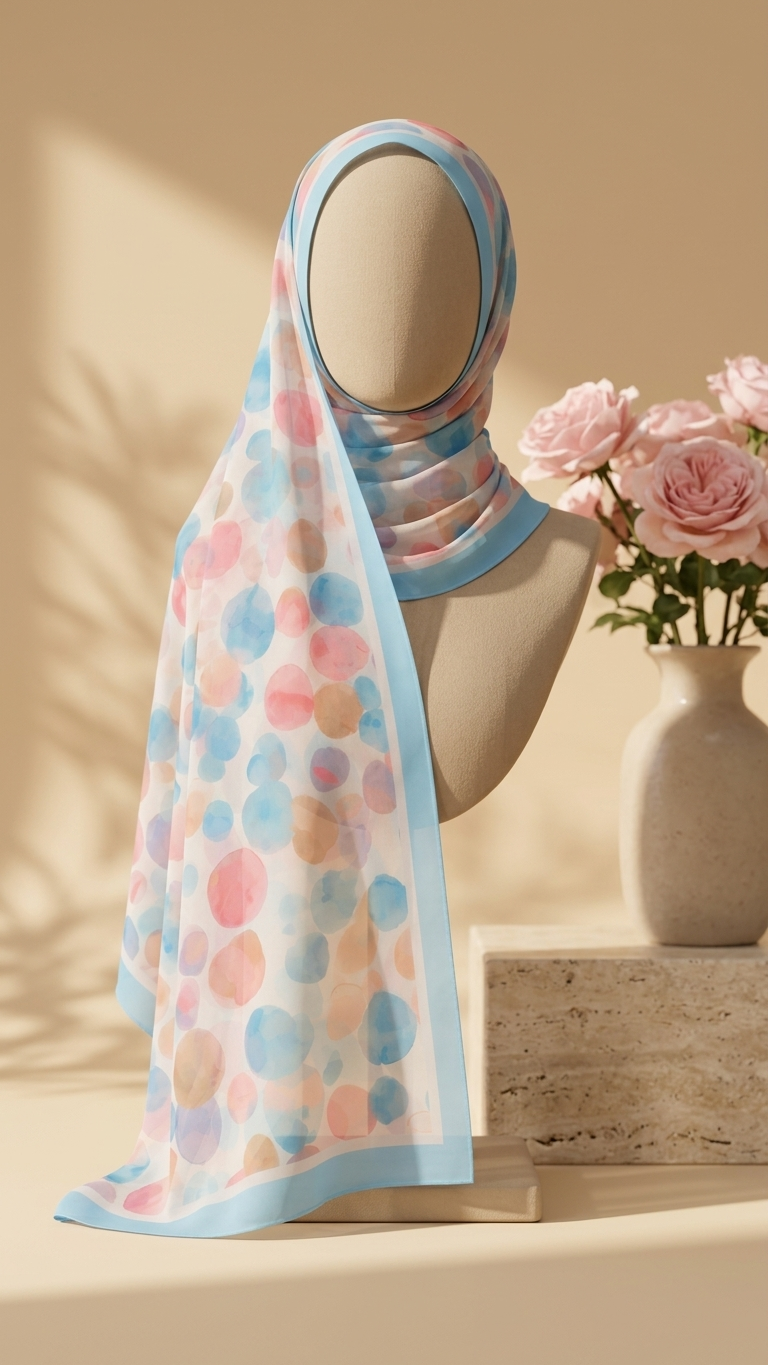 Hijabii Printed Chiffon Hijab J5 Aqua Coral Dots – view 2