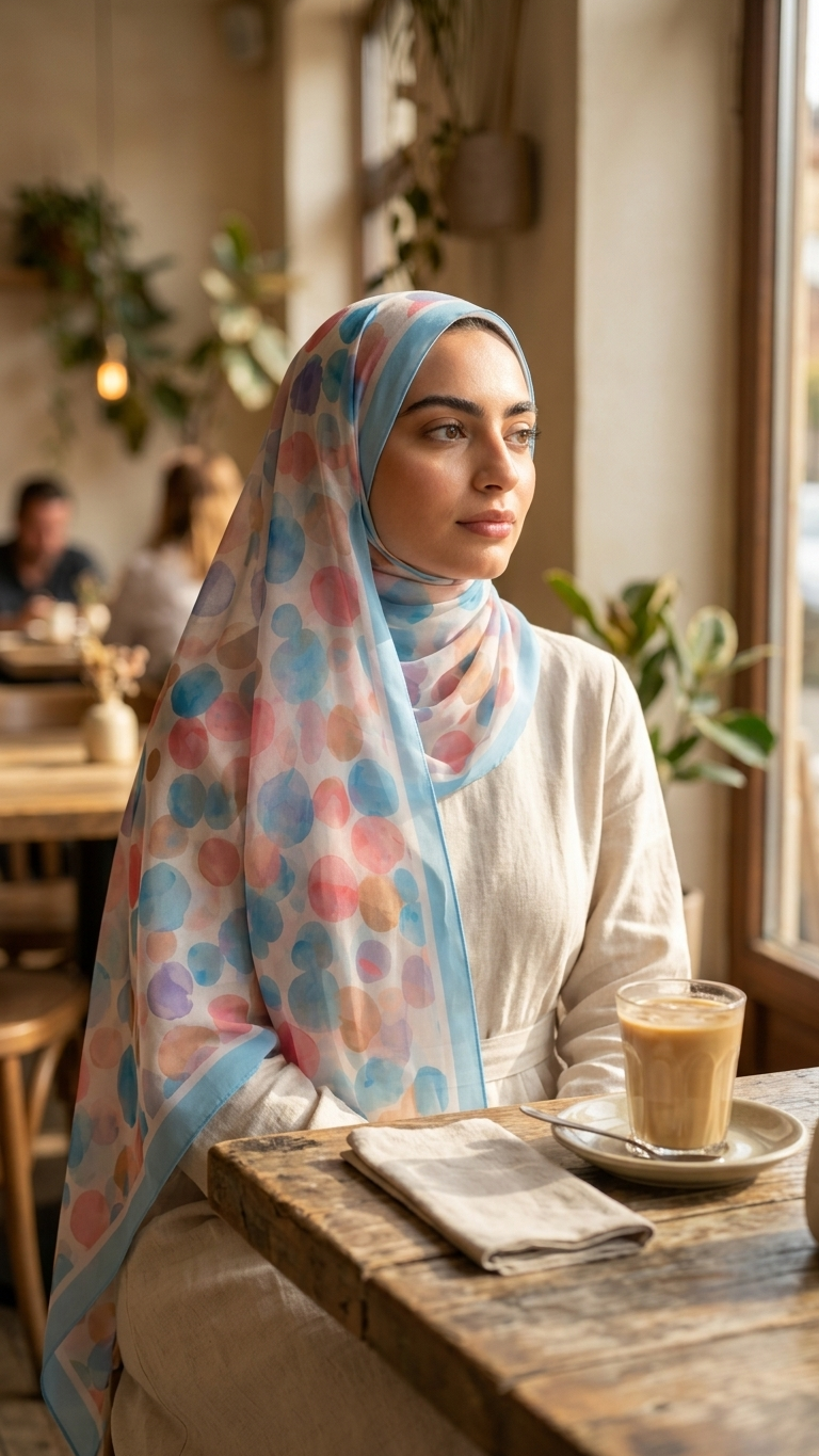 Hijabii Printed Chiffon Hijab J5 Aqua Coral Dots – view 3