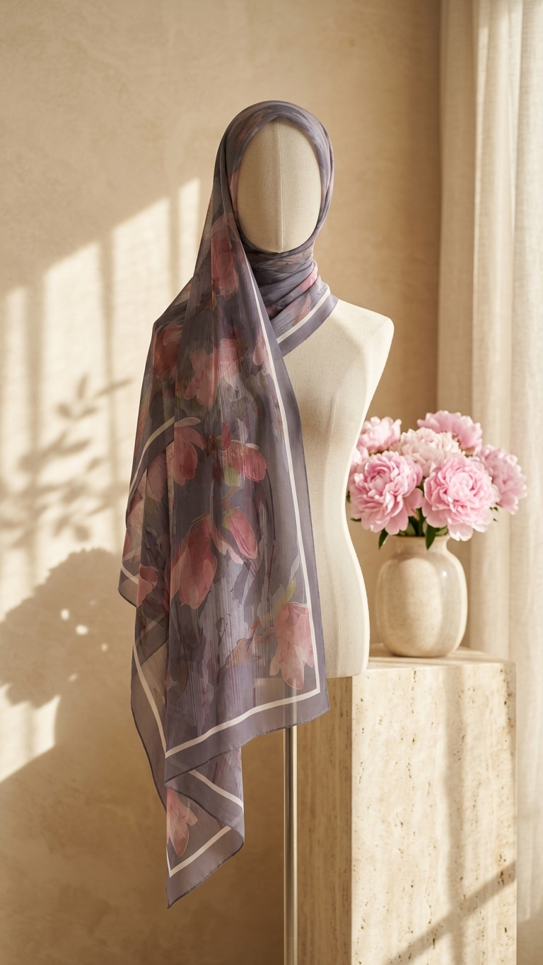 Hijabii Printed Chiffon Hijab J9 Midnight Floral