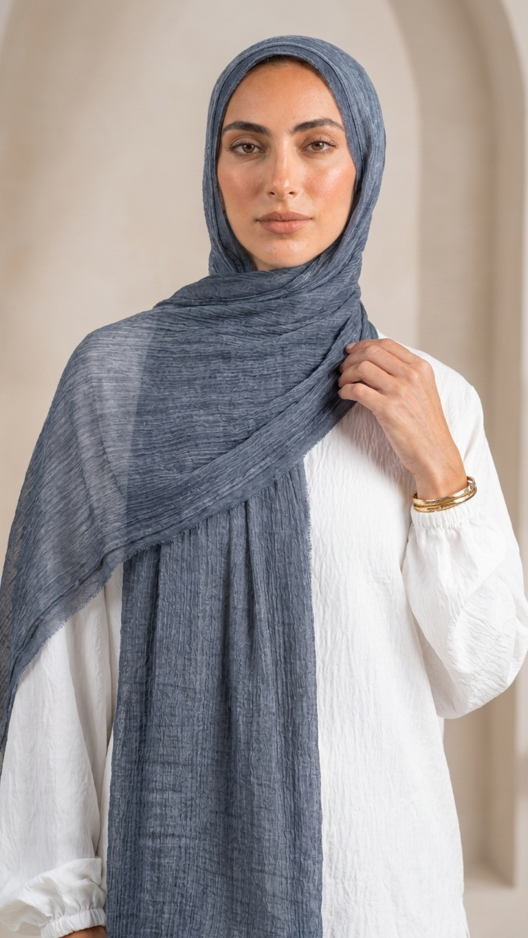 Silk Linen Hijab in Denim Blue - view 2