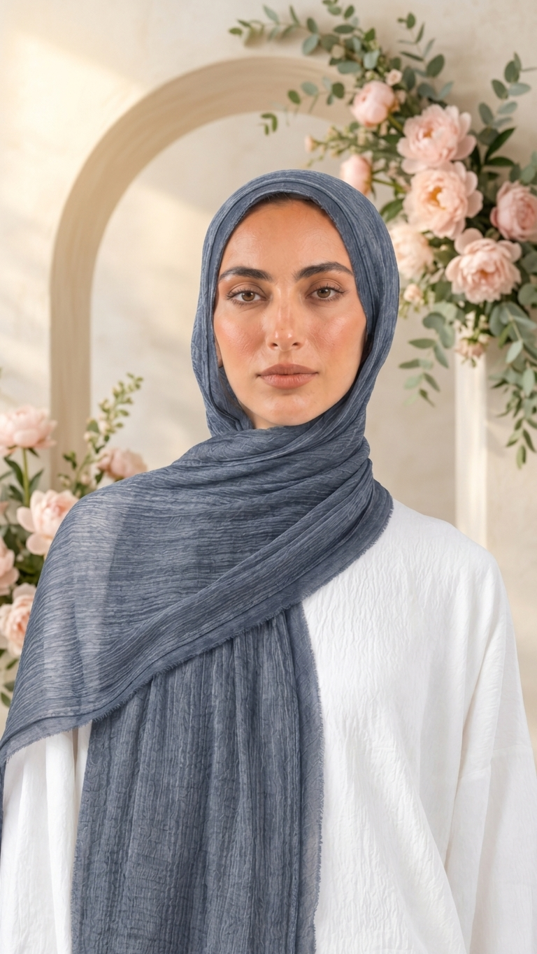 Silk Linen Hijab in Denim Blue - view 3