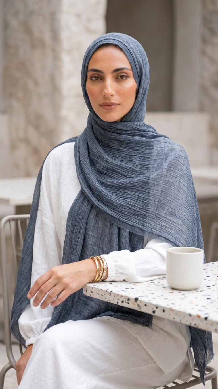 Silk Linen Hijab in Denim Blue - view 4