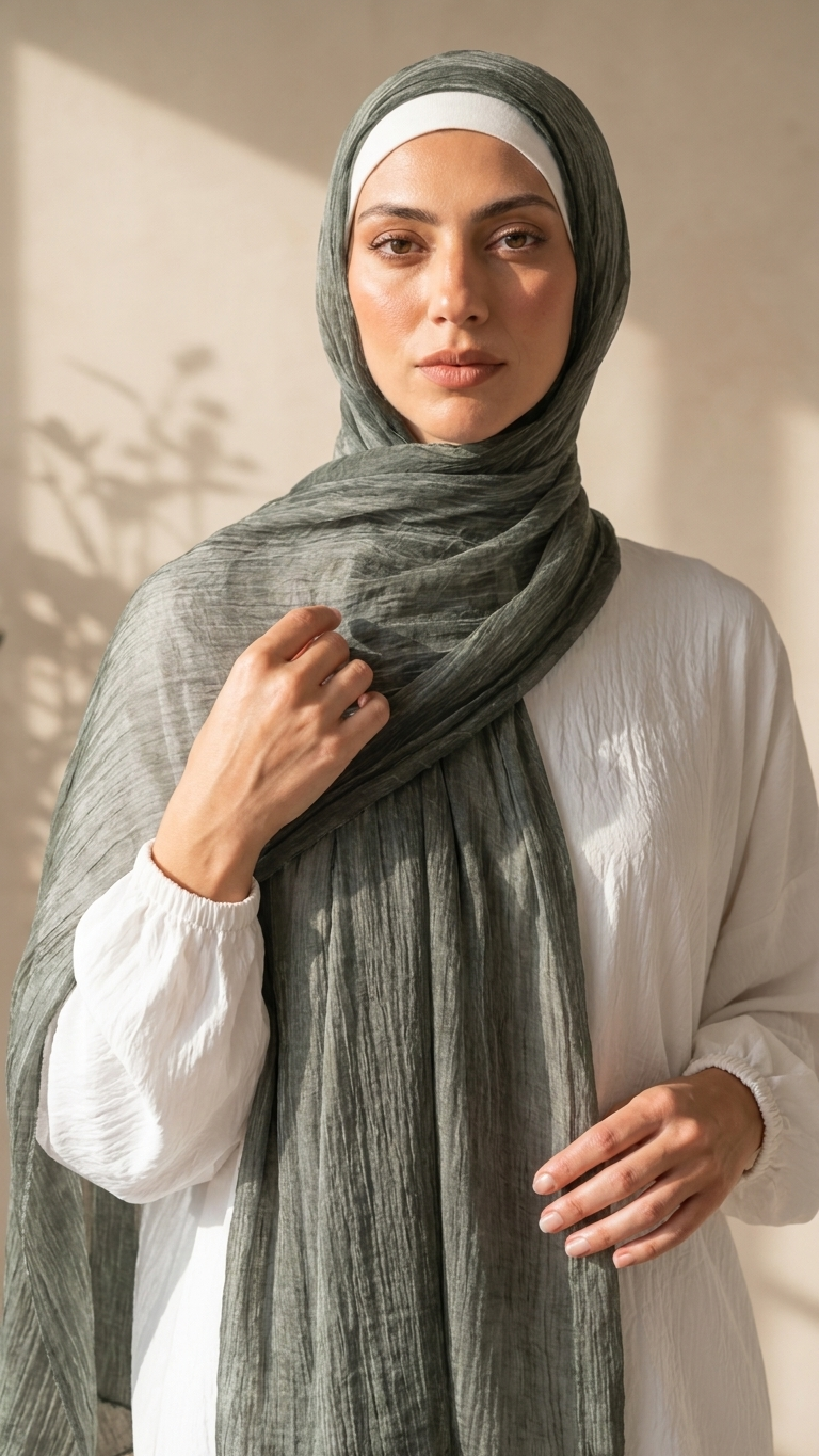 Silk Linen Hijab in Olive Green - view 2
