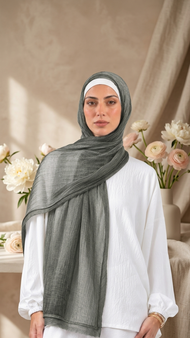 Silk Linen Hijab in Olive Green - view 4