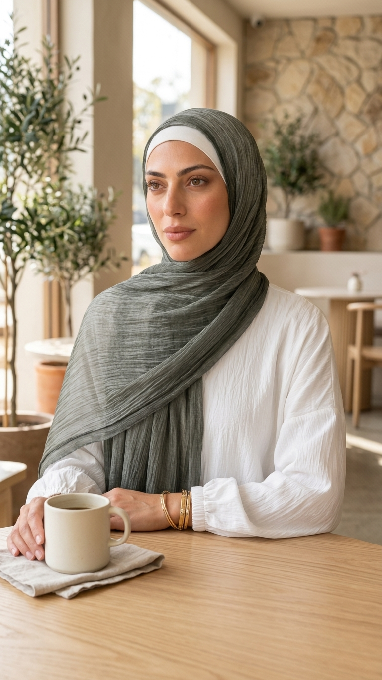 Silk Linen Hijab in Olive Green - view 5
