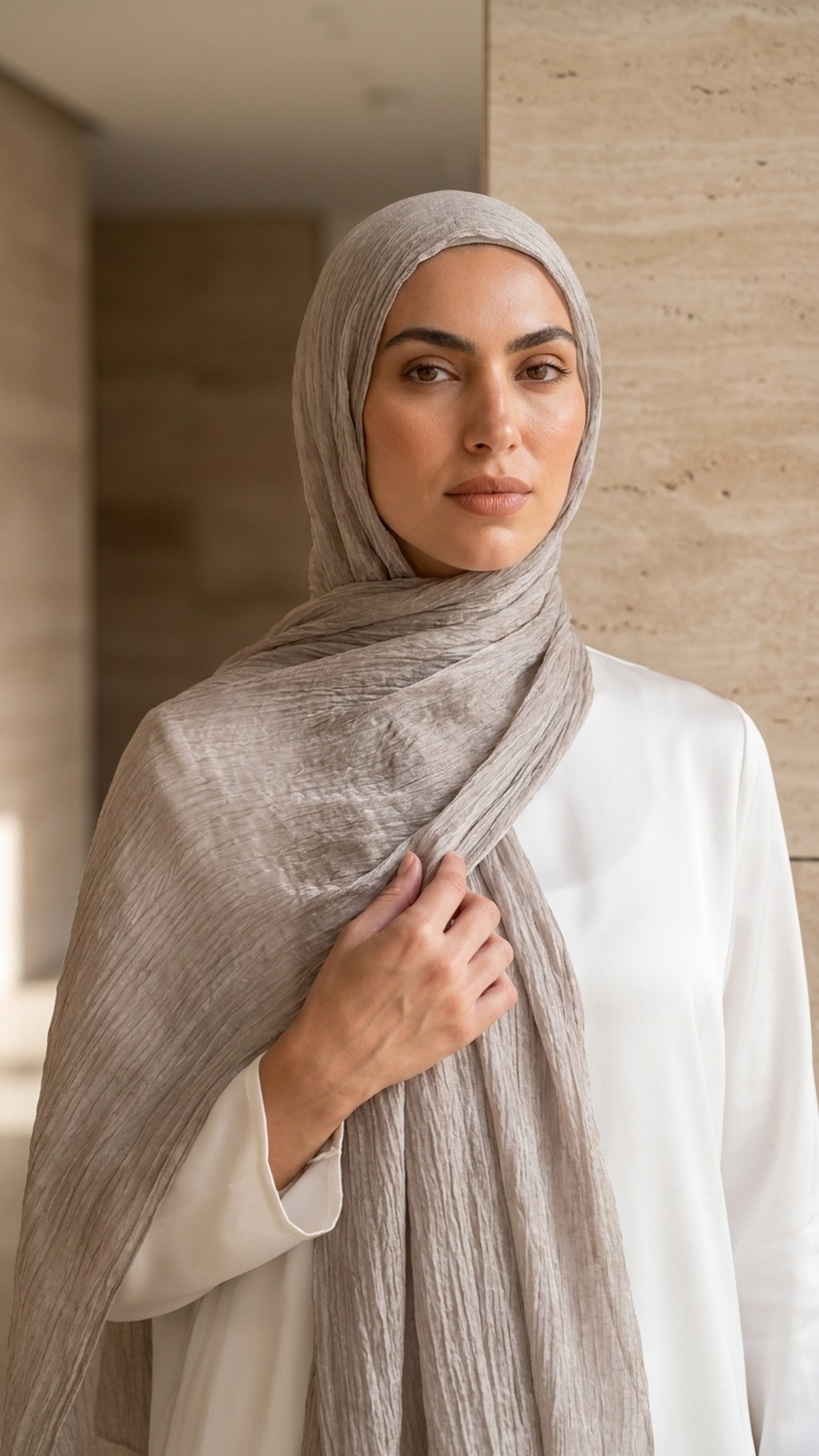 Silk Linen Hijab in Soft Beige - view 3