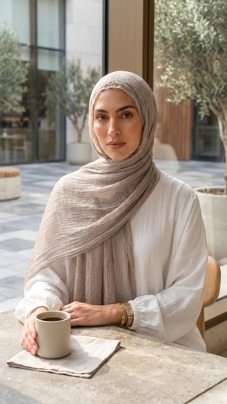 Silk Linen Hijab in Soft Beige - view 4